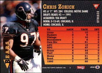 1994 Bowman #37 Chris Zorich Back