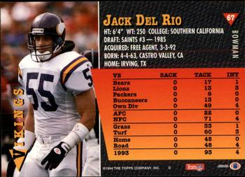 1994 Bowman #67 Jack Del Rio Back