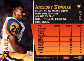 1994 Bowman #92 Anthony Newman Back