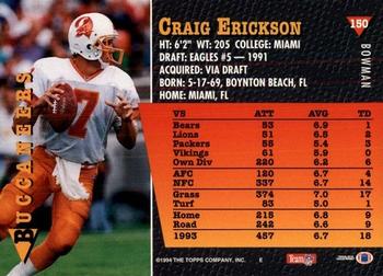 1994 Bowman #150 Craig Erickson Back