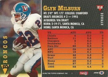 1994 Bowman #218 Glyn Milburn Back