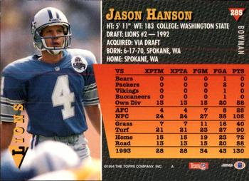1994 Bowman #285 Jason Hanson Back