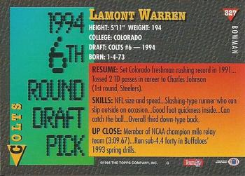 1994 Bowman #327 Lamont Warren Back