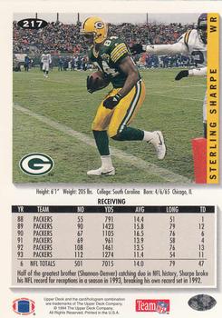 1994 Collector's Choice #217 Sterling Sharpe Back