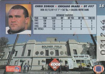 1994 Collector's Edge #16 Chris Zorich Back