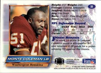 1994 Finest #33 Monte Coleman Back