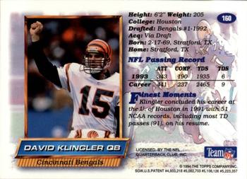 1994 Finest #160 David Klingler Back