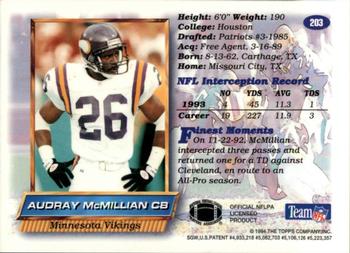 1994 Finest - Refractors #203 Audray McMillian Back