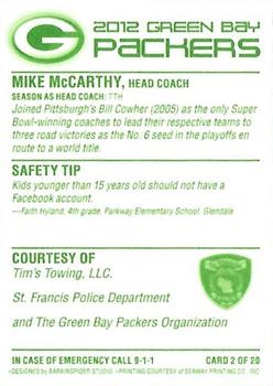 2012 Green Bay Packers Police - Tim's Towing, LLC., St. Francis Police Department #2 Mike McCarthy Back