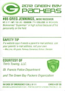 2012 Green Bay Packers Police - Tim's Towing, LLC., St. Francis Police Department #4 Greg Jennings Back