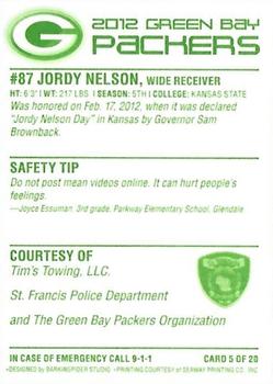 2012 Green Bay Packers Police - Tim's Towing, LLC., St. Francis Police Department #5 Jordy Nelson Back