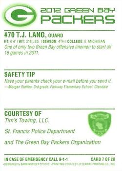 2012 Green Bay Packers Police - Tim's Towing, LLC., St. Francis Police Department #7 T.J. Lang Back