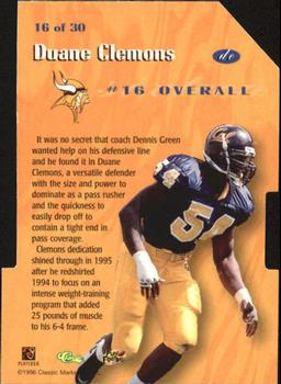 1996 Classic NFL Rookies - #1 Draft Picks #16 Duane Clemons Back