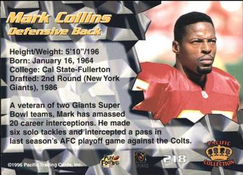 1996 Pacific - Red #218 Mark Collins Back