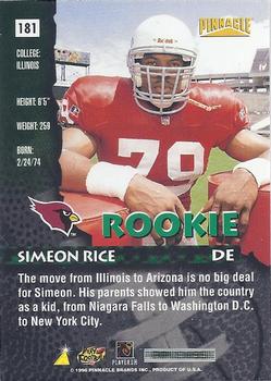 1996 Pinnacle Premium Stock #181 Simeon Rice Back