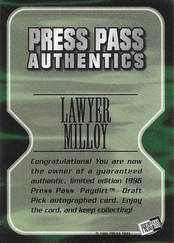1996 Press Pass Paydirt - Autographs #NNO Lawyer Milloy Back