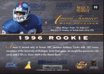 1996 Select Certified - Mirror Blue #99 Amani Toomer Back