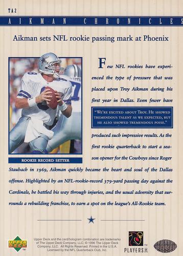 1996 Upper Deck Authenticated Troy Aikman Chronicles 3x5 #TA2 Troy Aikman Back