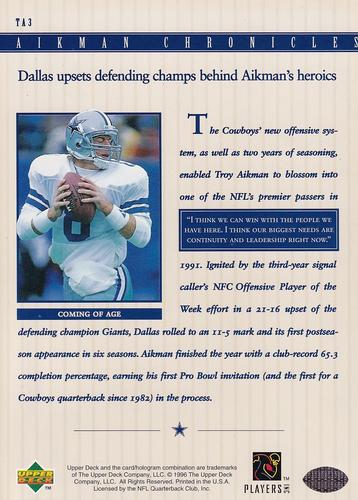1996 Upper Deck Authenticated Troy Aikman Chronicles 3x5 #TA3 Troy Aikman Back