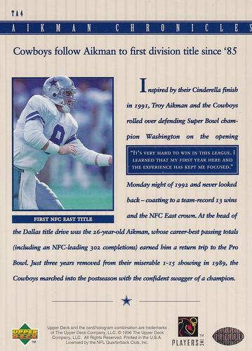 1996 Upper Deck Authenticated Troy Aikman Chronicles 3x5 #TA4 Troy Aikman Back