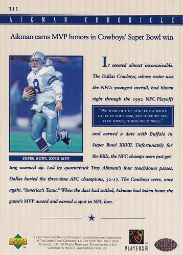 1996 Upper Deck Authenticated Troy Aikman Chronicles 3x5 #TA5 Troy Aikman Back