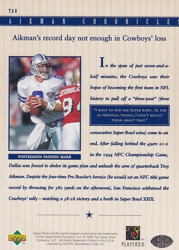1996 Upper Deck Authenticated Troy Aikman Chronicles 3x5 #TA8 Troy Aikman Back