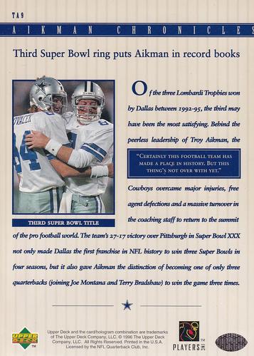 1996 Upper Deck Authenticated Troy Aikman Chronicles 3x5 #TA9 Troy Aikman Back