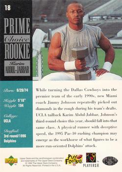 1996 Upper Deck Silver Collection - Prime Choice Rookies #18 Karim Abdul-Jabbar Back