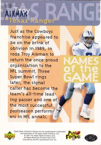 1997 Collector's Choice - Names of the Game 3x5 #6 Troy Aikman Back