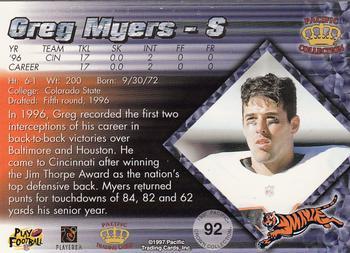 1997 Pacific Crown Collection - Platinum Blue #92 Greg Myers Back