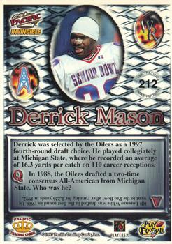 1997 Pacific Invincible - Smash-Mouth #212 Derrick Mason Back