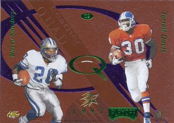 1997 Playoff Absolute Beginnings - Leather Quads Gold Exchange #2 Barry Sanders / Terrell Davis / Eddie George / Curtis Martin Front