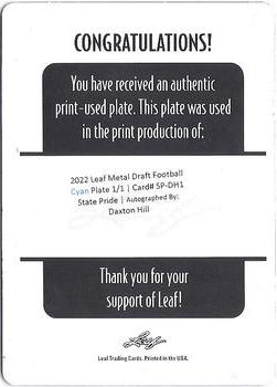 2022 Leaf Metal Draft - State Pride Autographs Printing Plates Cyan #SP-DH1 Daxton Hill Back