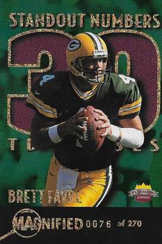 1997 Score Board Playbook By The Numbers - Standout Numbers Magnified Gold #SN4 Brett Favre Front