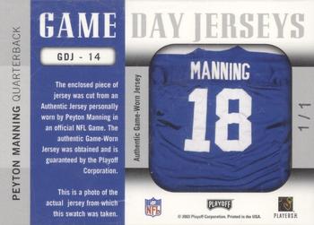 2003 Playoff Prestige - Game Day Jerseys Patch #GDJ-14 Peyton Manning Back