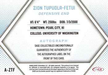 2023 SAGE HIT - Autographs Red (Low Series) #A-ZTF Zion Tupuola-Fetui Back