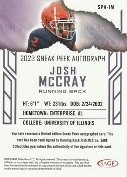 2023 SAGE HIT - Sneak Peek Autographs Gold (Low Series) #SPA-JM Josh McCray Back