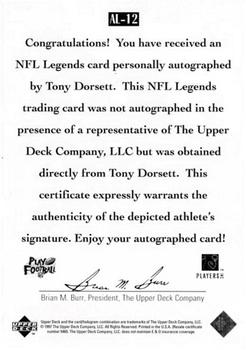 1997 Upper Deck Legends - Autographs #AL-12 Tony Dorsett Back