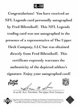 1997 Upper Deck Legends - Autographs #AL-18 Fred Biletnikoff Back