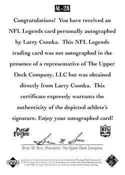 1997 Upper Deck Legends - Autographs #AL-28 Larry Csonka Back