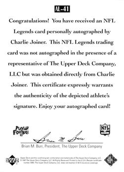 1997 Upper Deck Legends - Autographs #AL-41 Charlie Joiner Back