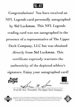 1997 Upper Deck Legends - Autographs #AL-47 Sid Luckman Back