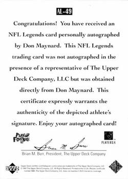 1997 Upper Deck Legends - Autographs #AL-49 Don Maynard Back