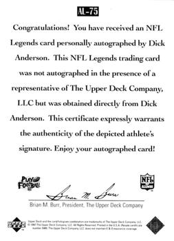 1997 Upper Deck Legends - Autographs #AL-75 Dick Anderson Back
