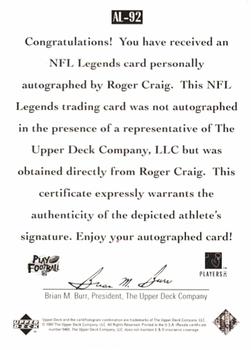 1997 Upper Deck Legends - Autographs #AL-92 Roger Craig Back