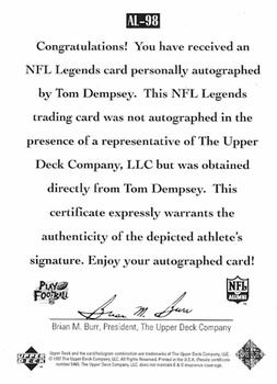 1997 Upper Deck Legends - Autographs #AL-98 Tom Dempsey Back