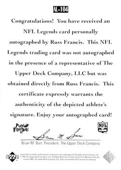 1997 Upper Deck Legends - Autographs #AL-104 Russ Francis Back
