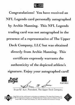 1997 Upper Deck Legends - Autographs #AL-133 Archie Manning Back