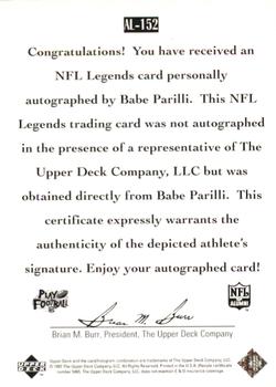 1997 Upper Deck Legends - Autographs #AL-152 Babe Parilli Back