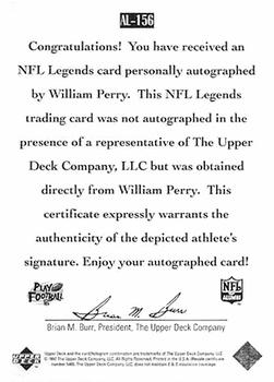 1997 Upper Deck Legends - Autographs #AL-156 William Perry Back